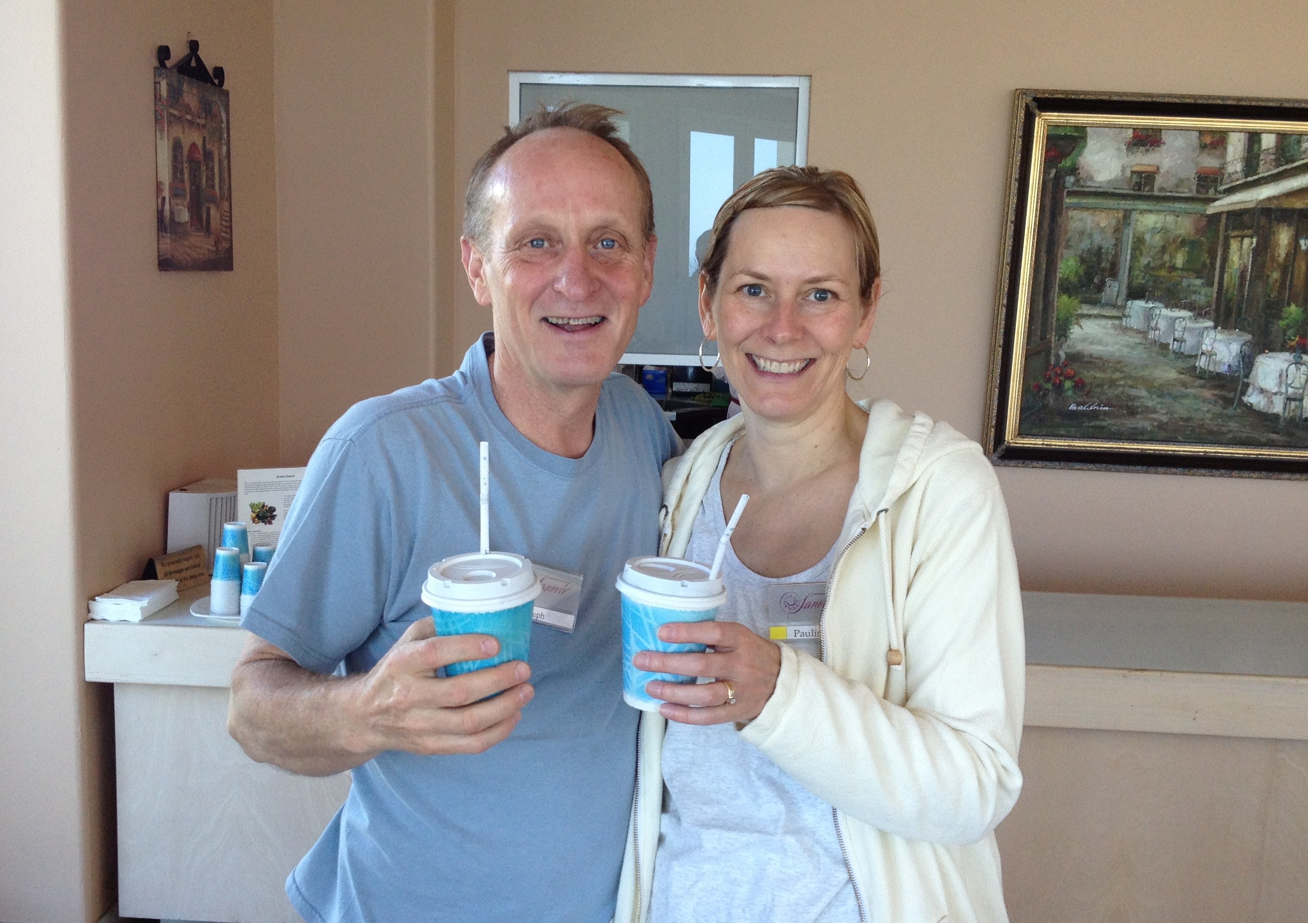 Top male percentage weight-loss winner Joseph Vandervelden and his wife Pauline enjoy a tasty paleo-shake during an all-liquid cleanse day.