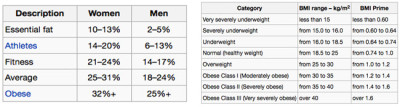 American Council on Exercise body fat categorizations, left, and World Health Organization BMI categorization, right.