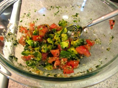 This refreshing avocado salad pairs nicely with the stuffed peppers.