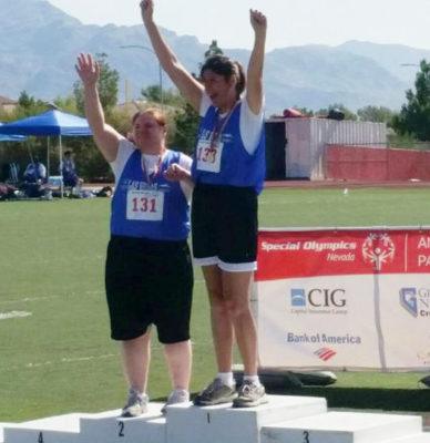 Jackie Jones celebrates winning a gold medal in the 2016 Special Olympics Nevada Summer Games.