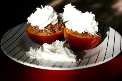 Serve these baked peaches with whipped cream or a scoop of vanilla ice cream.