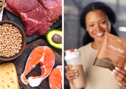 Protein Showdown: Battle of the Nutrients. On the left, pictures of proteins. On the right, picture of a women holding USANA Nutrimeal Active in Chocolate flavor