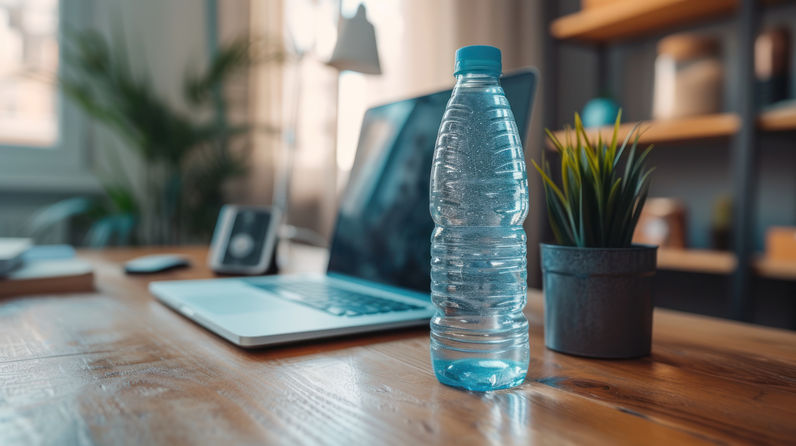 Close-up of a water bottle and fitness tracker on a work desk, symbols of personal health commitment in the office